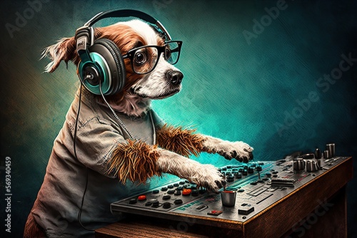 Dog disc jockey, concept of Music Appreciation and Dance Moves, created with Generative AI technology photo