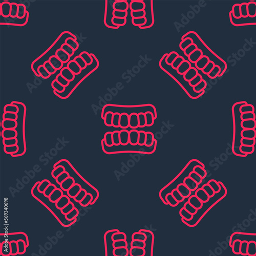 Red line Dentures model icon isolated seamless pattern on black background. Teeth of the upper jaw. Dental concept. Vector