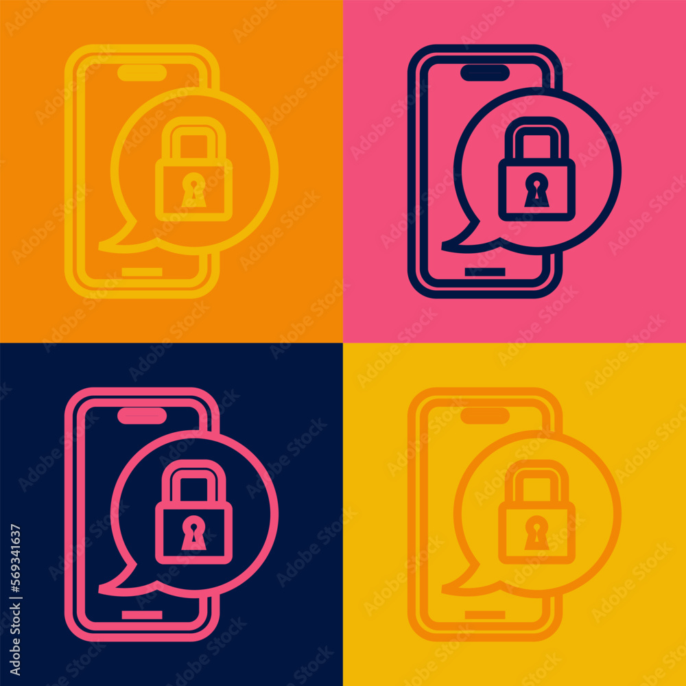 Pop art line Smartphone with closed padlock icon isolated on color background. Phone with lock. Mobile security, safety, protection concept. Vector Pop art line Smartphone with closed padlock icon isolated on color background. Phone with lock. Mobile security, safety, protection concept. Vector