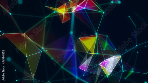 Colorful network connection background. Abstract technology with points, lines and triangles. Digital futuristic backdrop or wallpaper. Big data visualization. 3D rendering.