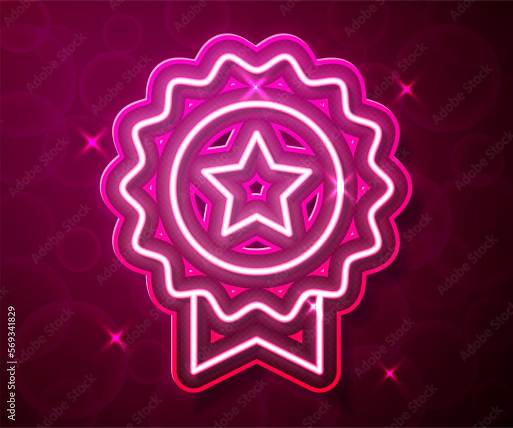 Glowing neon line Medal with star icon isolated on red background. Winner achievement sign. Award medal. Vector