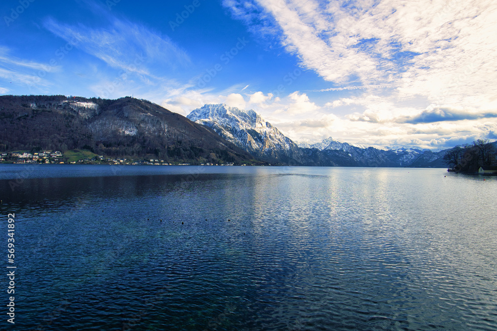 Mountain view over the lake in the alps