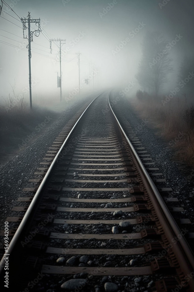 Foggy view of railroad track generative AI