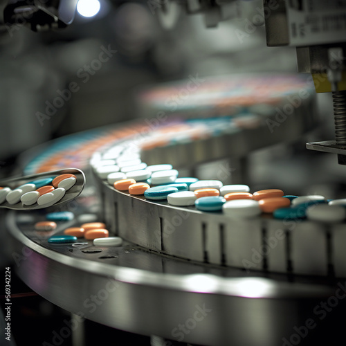 Closeup detail view of medical pill tablet factory band view