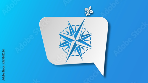 Wind rose icon isolated on blue background. Compass icon for travel. Navigation design. White speech bubble symbol. Vector illustration.