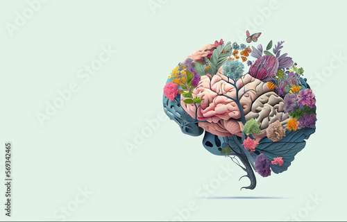 Human brain tree with flowers and butterflies, self care and mental health concept, positive thinking, creative mind, generative AI 