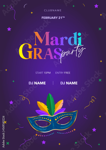 Mardi gras party flyer with carnaval mask