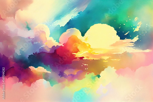 Colorful watercolor background of abstract sunset sky with puffy clouds in bright rainbow colors of pink green blue yellow and purple. Generative AI © Pixel Matrix