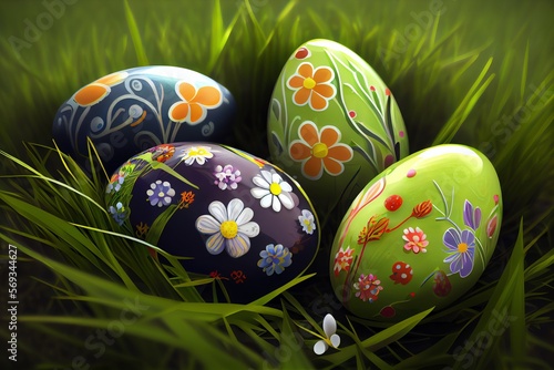 easter eggs on grass, illustration. Generative AI