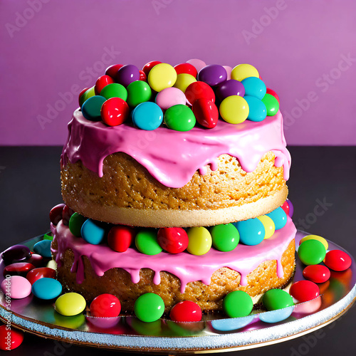 Colorful Sprinkles and Pink Cream on Double Decker Cake. Generative AI