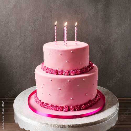 A Delectable Pink Cake with Rosy Candles. Generative AI