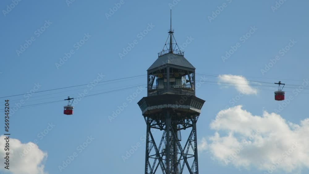 Cableway Teleferico del Puerto in Barcelona, Spain. Red Cable Cab Passes Station on sunny Day. Blue bright sky. High quality 4k footage Cableway Teleferico del Puerto in Barcelona, Spain. Red Cable Cab Passes Station on sunny Day. Blue bright sky. High quality 4k footage