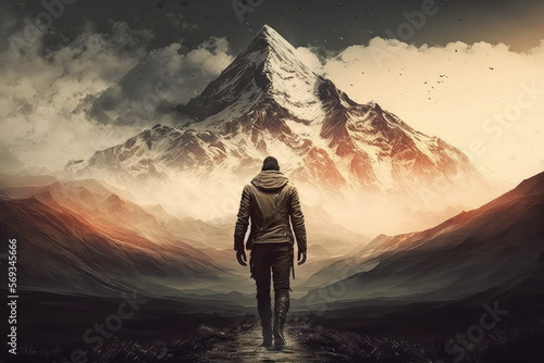 Man Walking Towards A Mountain Peak - Generative AI © Chris