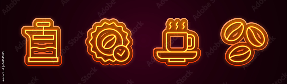 Set line French press, Medal for coffee, Coffee cup and beans. Glowing neon icon. Vector Set line French press, Medal for coffee, Coffee cup and beans. Glowing neon icon. Vector