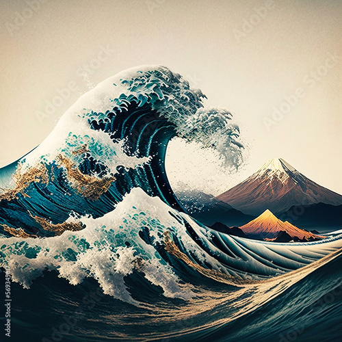 Wave and Mount Fuji, in the style of Katsushika Hokusai - generative ai