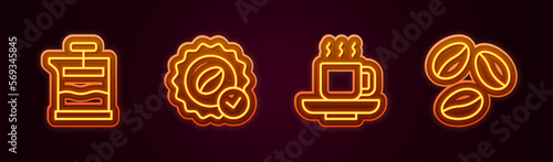 Set line French press, Medal for coffee, Coffee cup and beans. Glowing neon icon. Vector