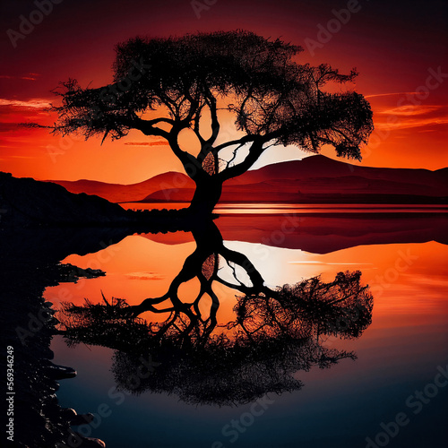 Silhouette of a tree at sunset in a beach Generative AI