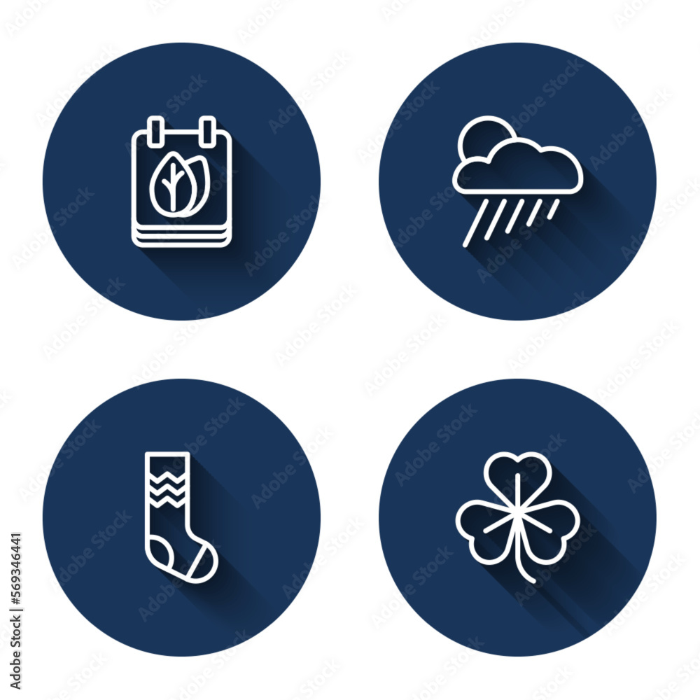 Set line Calendar with autumn leaves, Cloud rain and sun, Socks and Clover with long shadow. Blue circle button. Vector Set line Calendar with autumn leaves, Cloud rain and sun, Socks and Clover with long shadow. Blue circle button. Vector