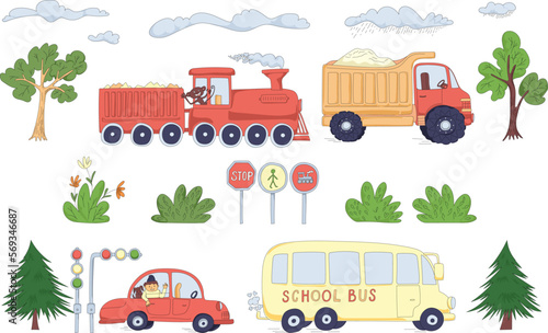 Vector Transport Set of Illustrations with Train  Truck  School Bus and Taxi  Cute Children s Illustration.