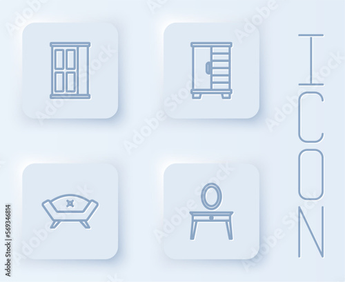 Set line Wardrobe, Sofa and Dressing table. White square button. Vector