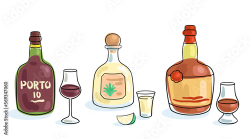 Set of three bottles of strong alcohol. Port wine, tequila, rum with shot glasses. Vector flat illustration in line style. Black contour with colored spots. Isolated on white. Template for menu design