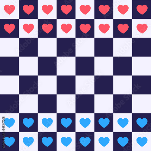 Love game and play - chessboard with red and blue love hearts. Clash, conflict, battle, war, warfare, fight and rivalry in love relationship. Vector illustration.