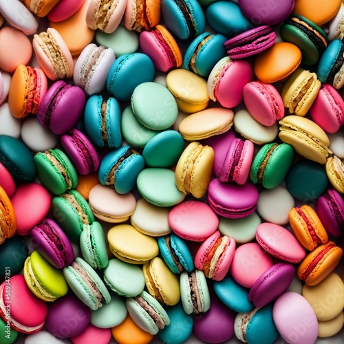 top view row of colorful delicious Macarons, generative art by A.I.