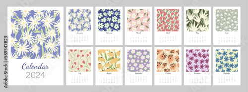 Floral calendar template for 2024. Vertical design with bright colorful flowers and leaves. Editable illustration page template A4, A3, set of 12 months with cover. Vector mesh. Week starts on Sunday.