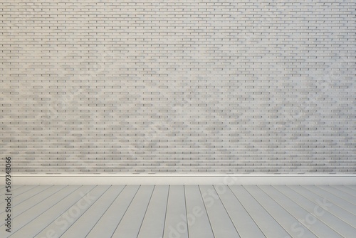 Wall floor background with white bricks wall and white wood floor 3d rendering. Room interior.