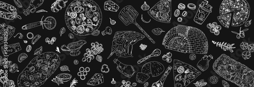 Italian cuisine top view frame. Engraved image. Italian cuisine frame. Vintage hand drawn sketch. Pizza hand drawn frame. Food menu design elements. Vector illustration. 