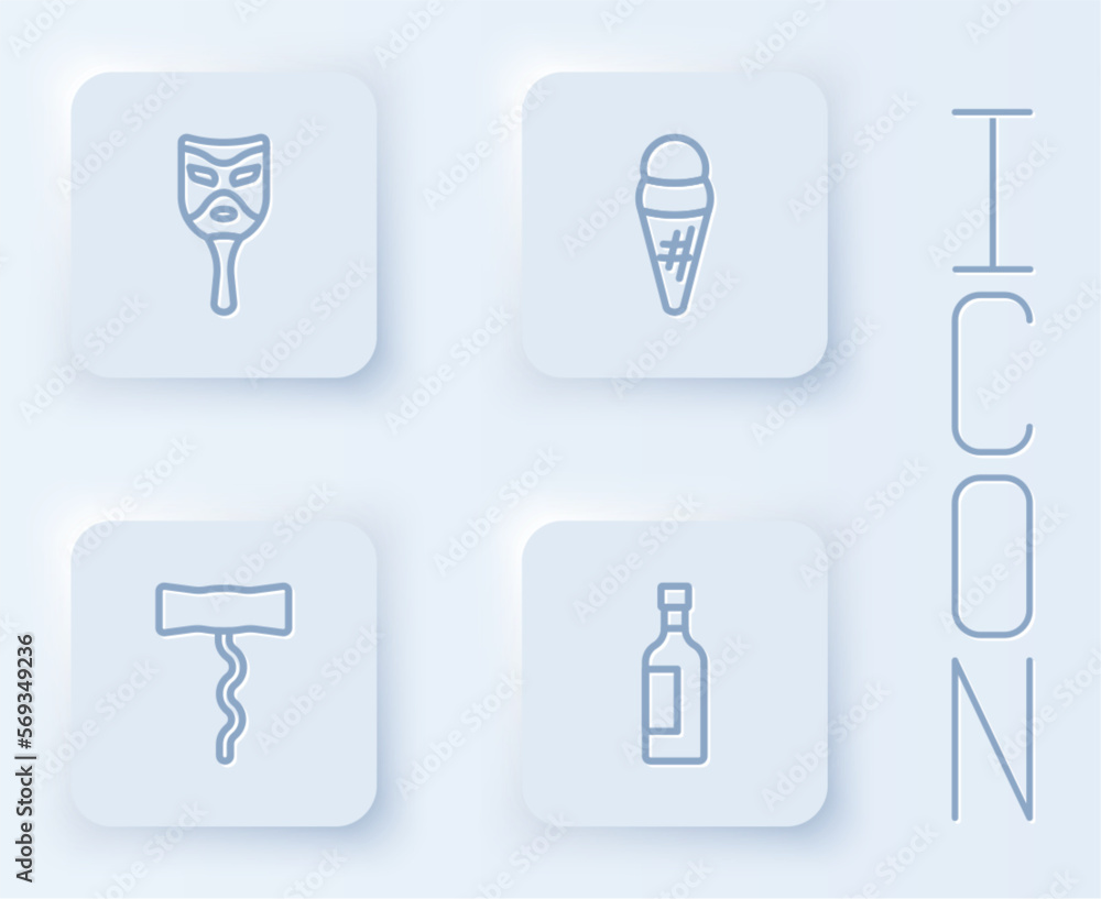 Set line Carnival mask, Ice cream in waffle, Wine corkscrew and Bottle of wine. White square button. Vector Set line Carnival mask, Ice cream in waffle, Wine corkscrew and Bottle of wine. White square button. Vector