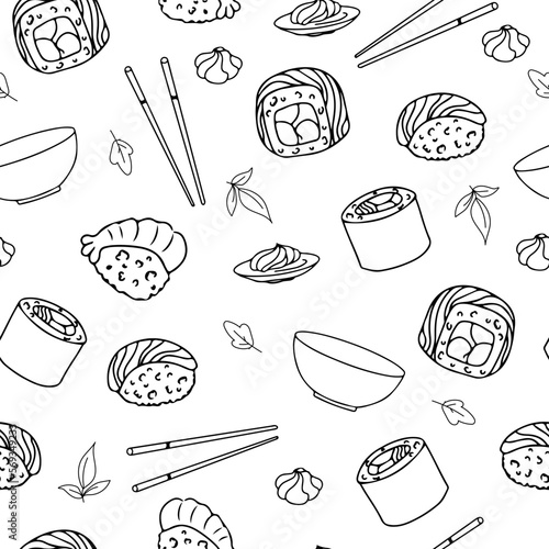Seamless pattern Set for sushi. Different types of sushi and rolls. Traditional Japanese roll, with tobiko caviar, original with Philadelphia cheese and soy sauce, salmon and king prawns. Vector