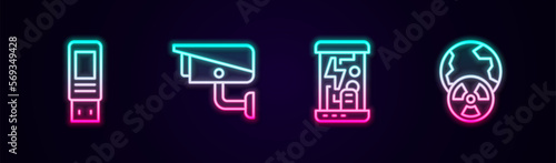 Set line USB flash drive, Security camera, Cryogenic capsules and Planet earth and radiation. Glowing neon icon. Vector
