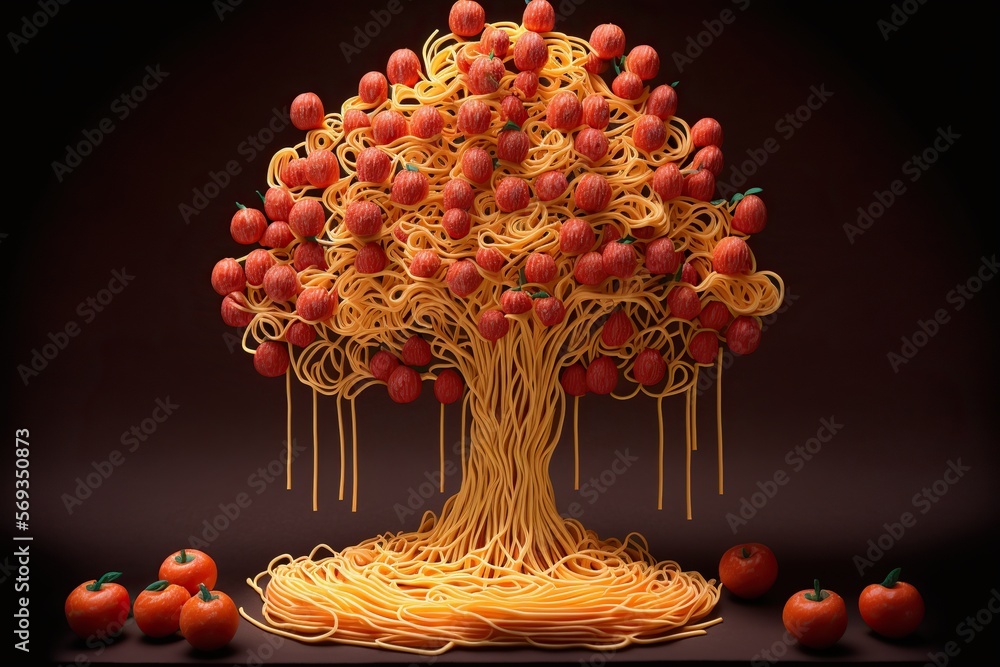 Tree made entirely of spaghetti with meatballs for fruit, concept of Italian Cuisine and Pasta