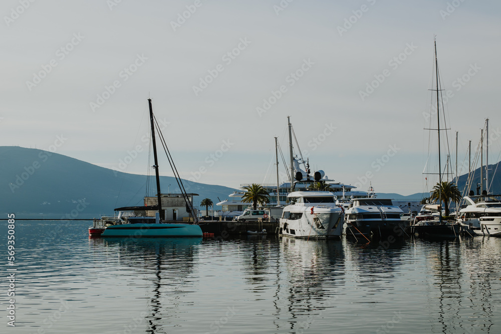 Amazing view of yacht marina Porto Montenegro in Tivat, Montenegro. Beautiful sunny day.