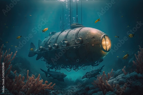 A picture depicts a submarine underwater surrounded by various colorful fish swimming gracefully in the ocean.ia generated