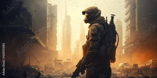 Portrait of a survivor soldier with a gun and mask with post apocalyptic city on the background, generated with AI.
