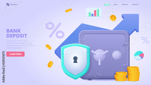 Bank deposit, save money, invest finance. Three dimensional design concept for landing page. 3d vector illustration for website, banner, hero image.