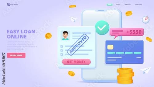 Banking service online, get credit fast and easy, get loan via smartphone application. Three dimensional design concept for landing page. 3d vector illustration for website, banner, hero image.