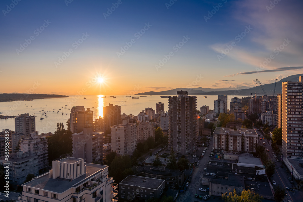 Fototapeta premium view from above over Vancouver skyline at sunset