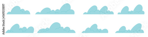 Simple clouds isolated set. Cute flat sky icon, cloud logo. Cartoon vector illustration isolated on white background.