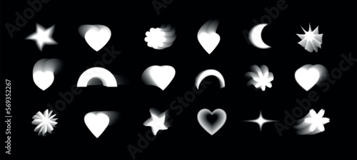 Abstract blurred gradients hearts and flowers set. Soft monochrome graphic elements collection.Y2k aesthetics aura. Vector isolated illustration