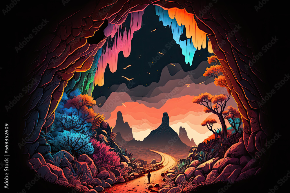 Surreal abstract landscape view from a cave 