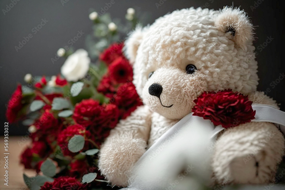 Teddy bear with red flowers on the side symbolizing love.Research in the area of psychology points out that giving a teddy bear to someone who is far away is a way of saying 