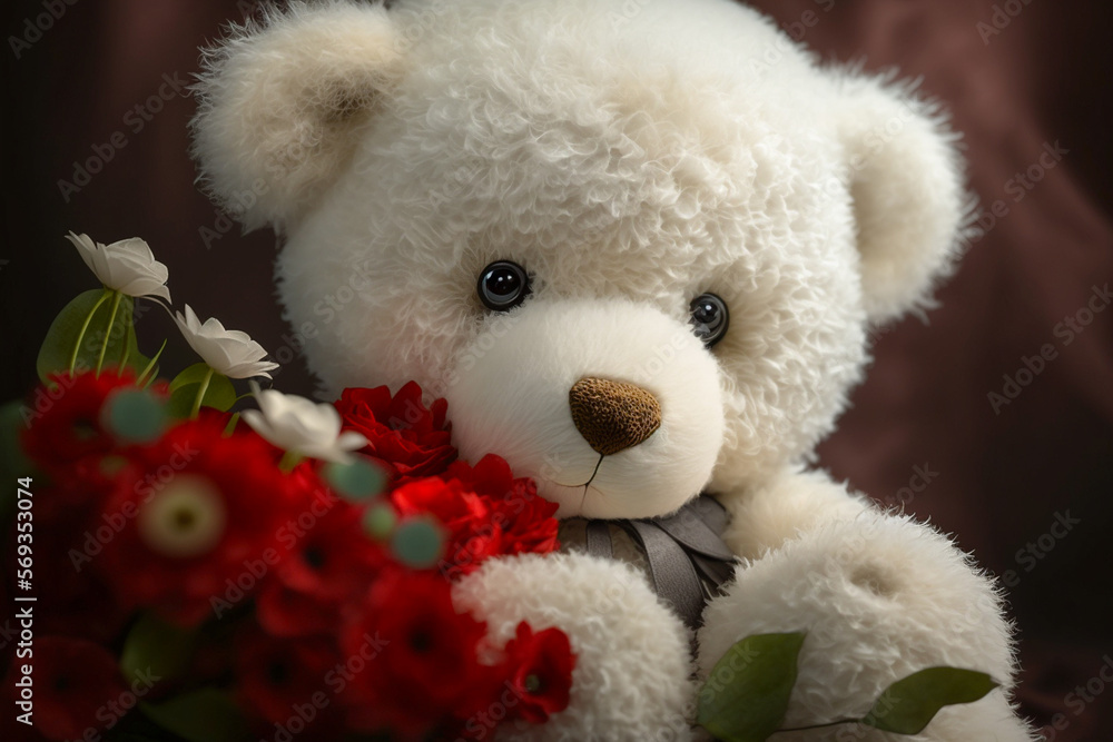 Teddy bear with red flowers on the side symbolizing love.Research in the area of psychology points out that giving a teddy bear to someone who is far away is a way of saying Teddy bear with red flowers on the side symbolizing love.Research in the area of psychology points out that giving a teddy bear to someone who is far away is a way of saying