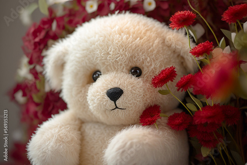 Teddy bear with red flowers on the side symbolizing love.Research in the area of psychology points out that giving a teddy bear to someone who is far away is a way of saying "I'm with you". © JEROSenneGs