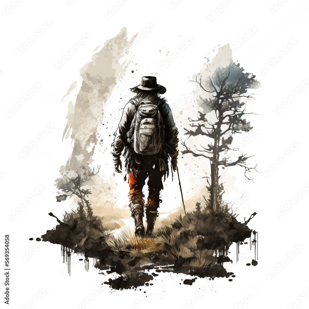 a travel concept illustration of a wanderer hiking alone in the wilderness a travel concept illustration of a wanderer hiking alone in the wilderness