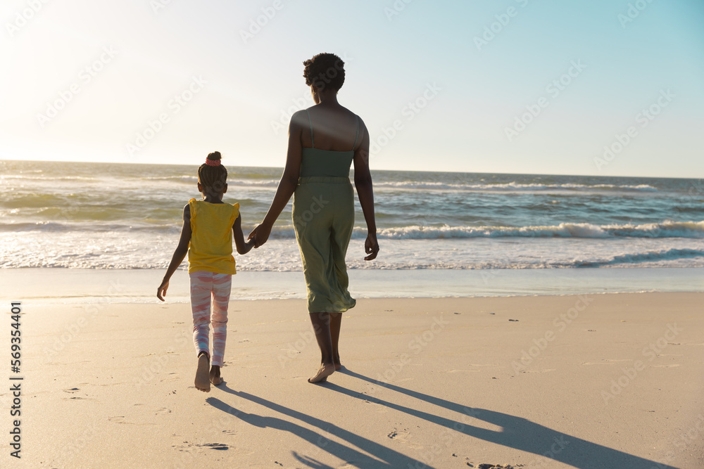 Naklejka premium Rear view of african american mother and daughter holding hands and walking towards sea under sky