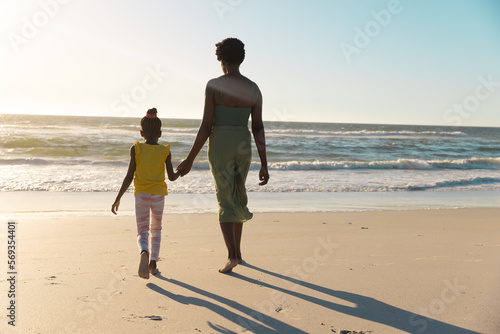 Rear view of african american mother and daughter holding hands and walking towards sea under sky