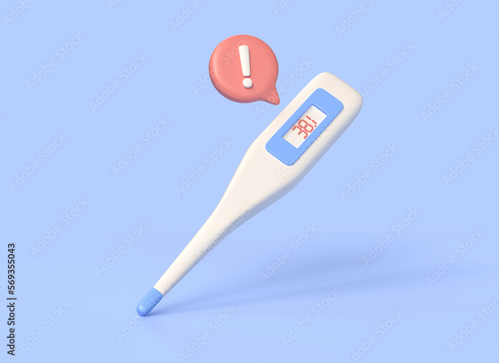 3d medical electronic thermometer, high temperature and exclamation mark in cartoon style.illustration of a medical diagnostic temperature measuring device. 3d rendering 3d medical electronic thermometer, high temperature and exclamation mark in cartoon style.illustration of a medical diagnostic temperature measuring device. 3d rendering